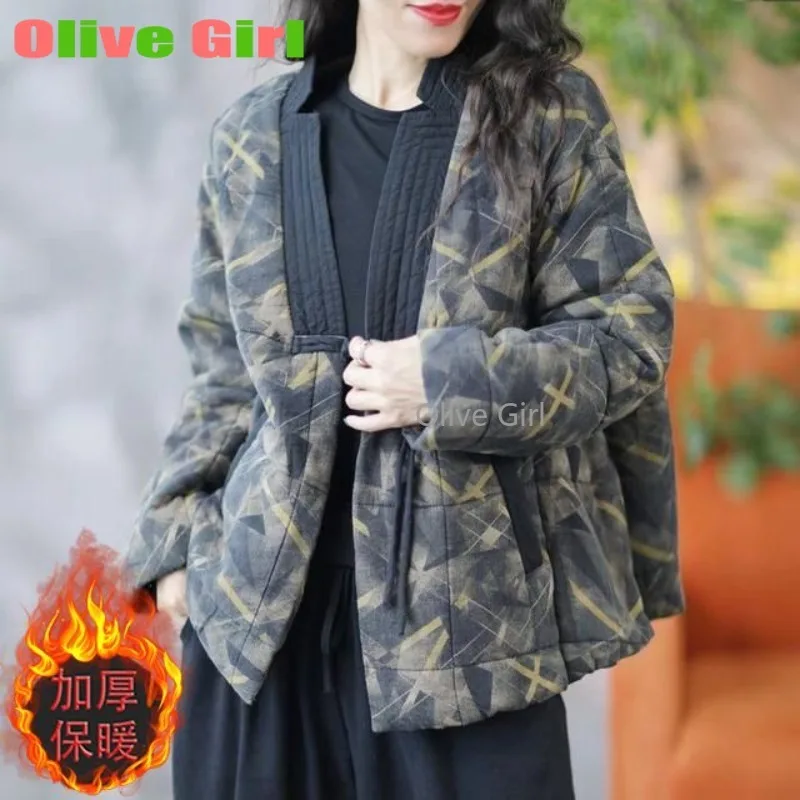 

Fashion Quilted Coats Jackets Chinese Buckle V-neck Cotton Jacket Cotton Clip Winter Retro Printed Thick Warm Cotton Clothing