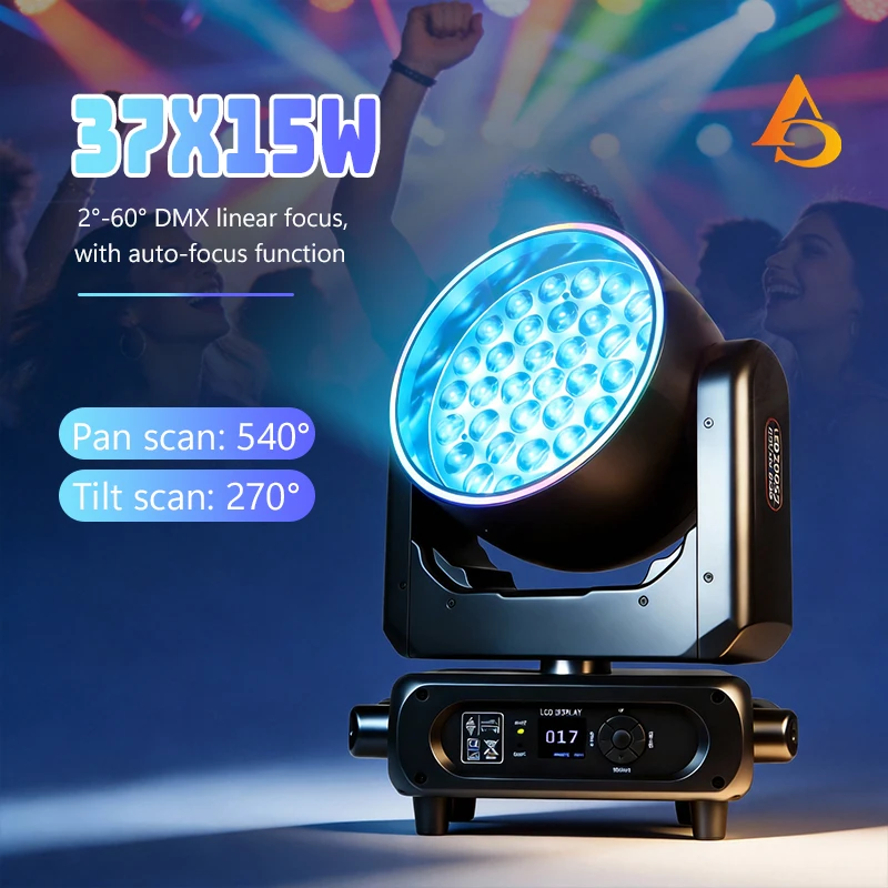LED DMX 37x15W moving head light with pixel control and adjustable dimming; focal length range of 2°-60°, suitable for stage DJ