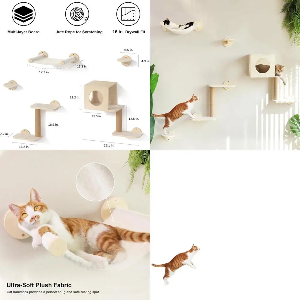 

5-Piece Wooden Wall-Mounted Cat Furniture Set with Hammock, Climber, House, Steps, and Scratching Post (Beige)