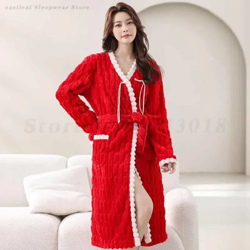 

Women's Sexy V-Neck Robe Chinese Style Flannel Nightgown Winter Thicken Kimono Bathrobe Sleepwear Loose Coral Fleece Home Dress