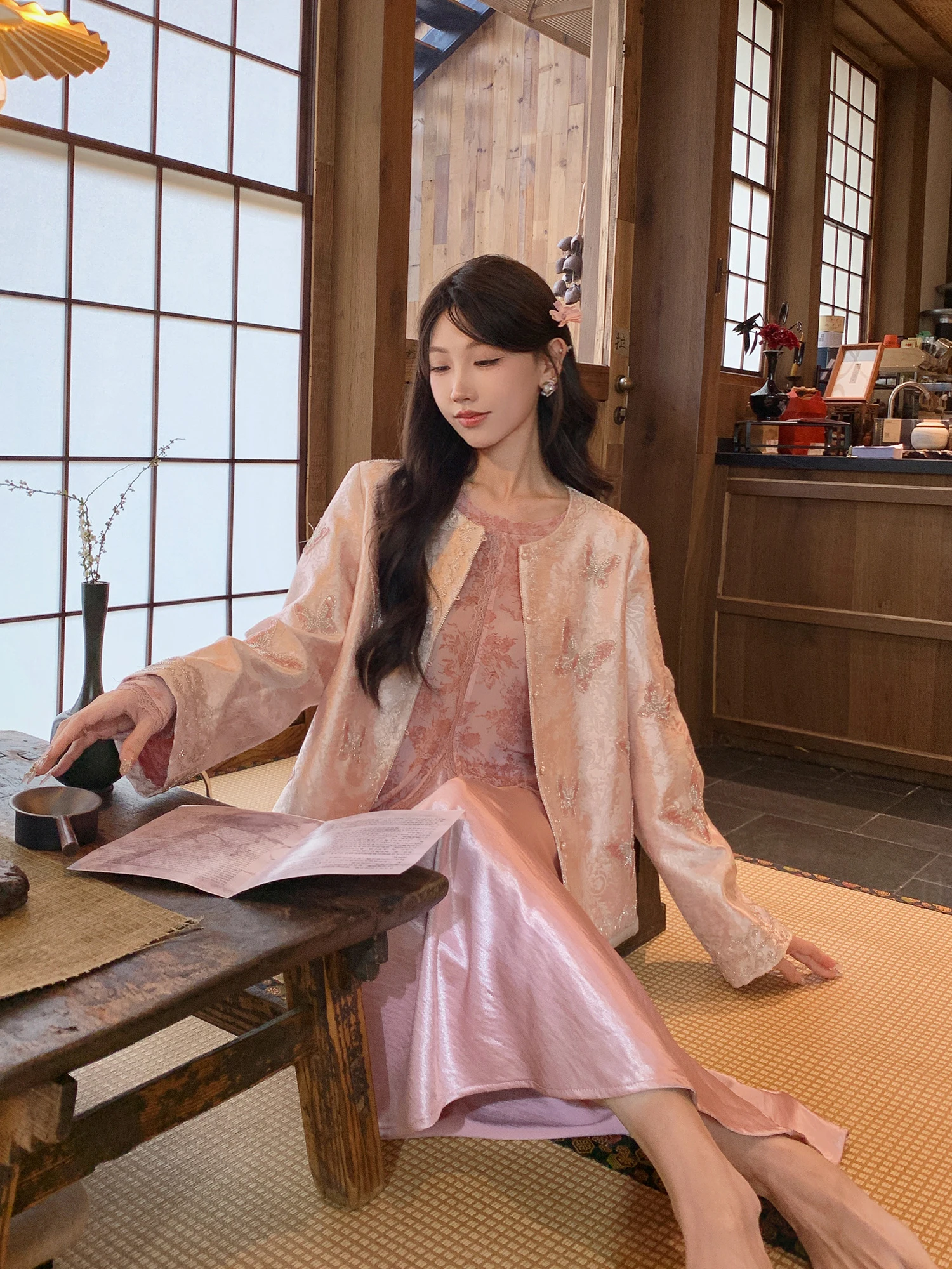 

Gogogo Home Pink Chinese Sle Embroidery Jaet Women's Spring Autumn Loose Faionable Heavy Embroidery Top