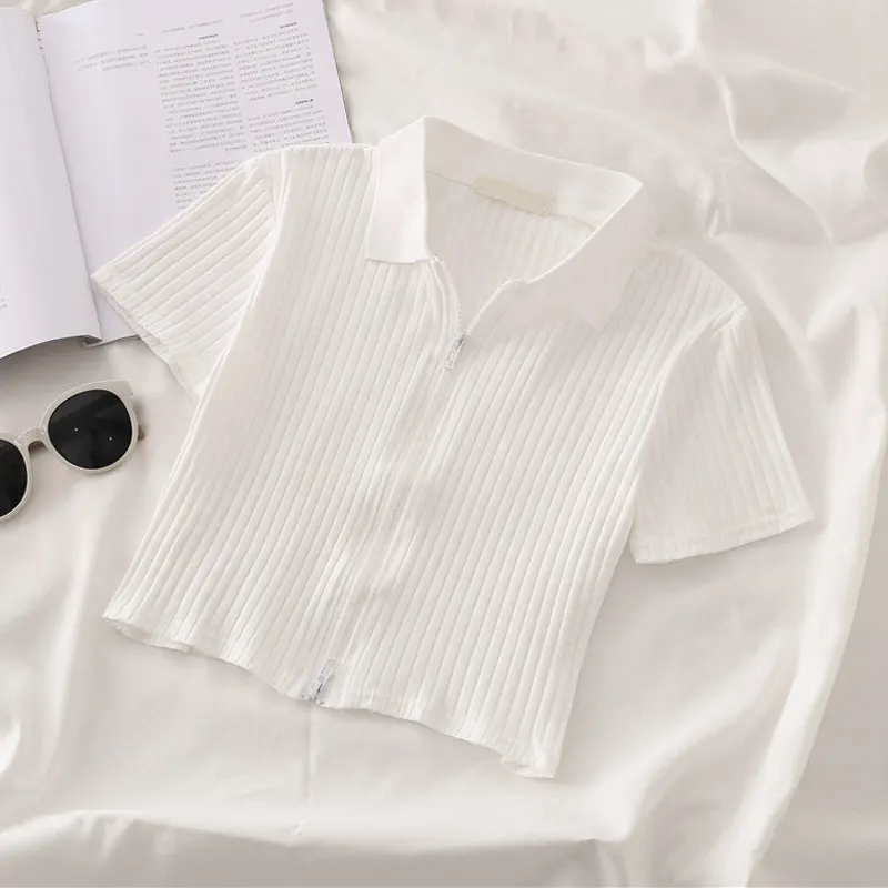 2026 Popular Ins Short Lapel Polo Shirt Women Summer Short Sleeve Double Zipper Open T shirt Stylish Youthful Versatile Slim Top