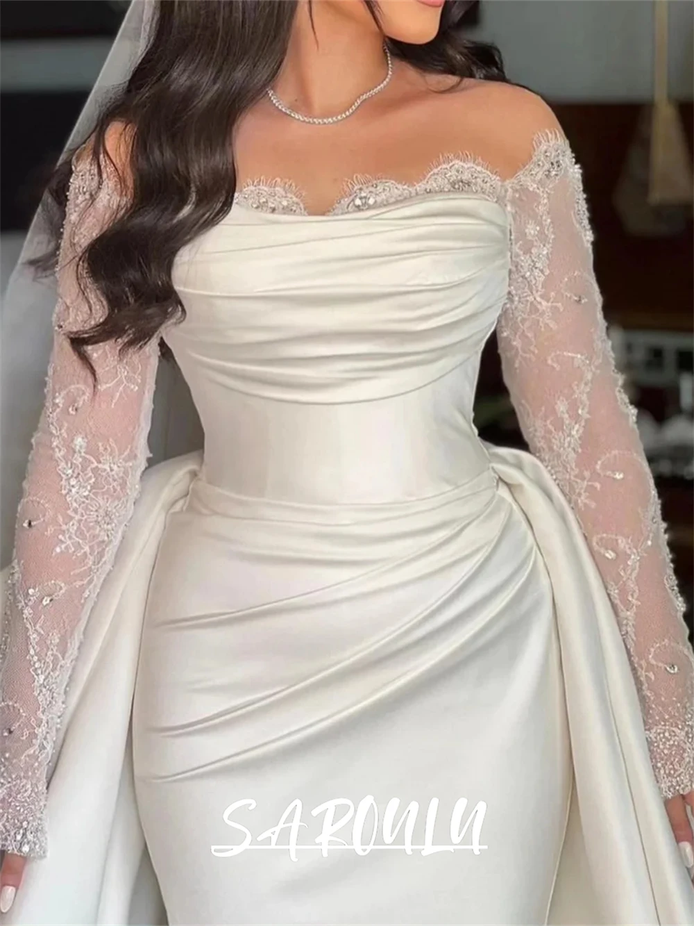 Elegant Satin Mermaid Wedding Dress with Off Shoulder Full Sleeves Long Maxi Plus Size Bride Dresses Customized Bridal Gown image 2