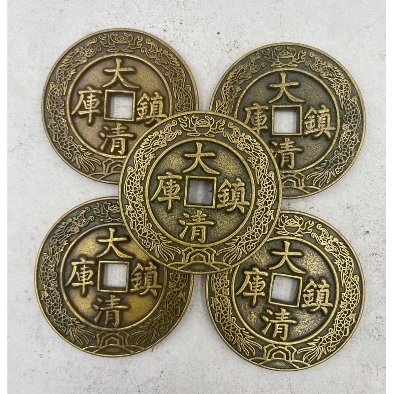 Daqing Five Emperors Pure Copper Carving Mother Double Dragon Playing Beads Back Daqing Town Library Antique Collection Ornament