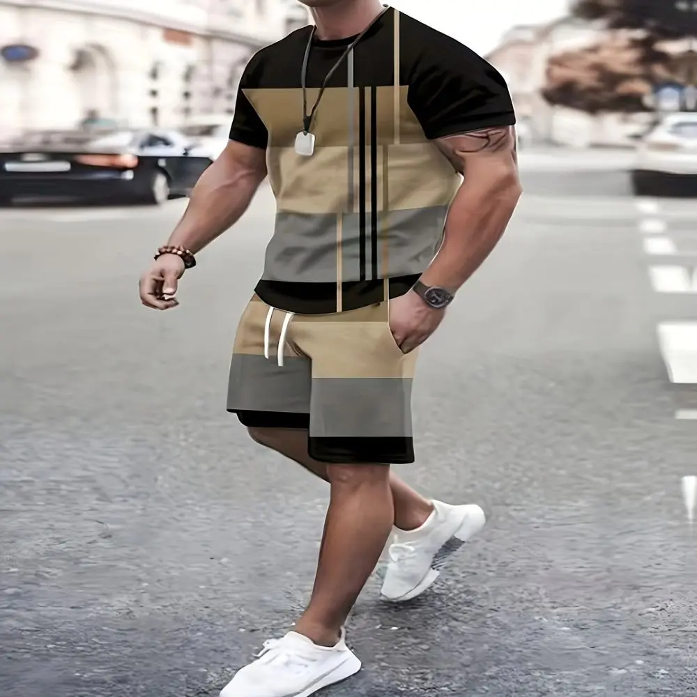 Men's Summer Plaid + Striped Shorts Set Men's Street T-shirt Two-piece Set 3D Printed Casual Round Neck Oversized Beach Sportswe