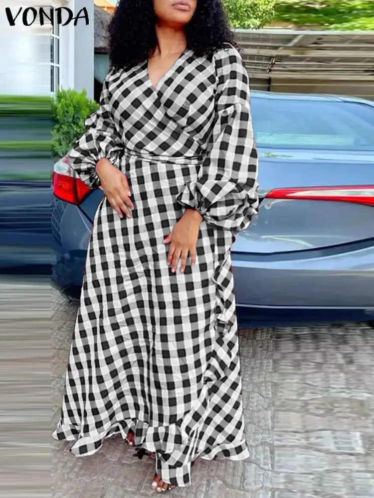 VONDA Oversized Women Maxi Dress 2023 Casual Long Lantern Sleeve Plaid Sundress Bohemian Loose V-Neck Bandage Holiday Robe Femme