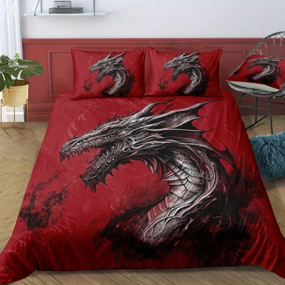 Red Black Dragon Printed Duvet Cover Sets Queen Chinese Dragon Pattern Bedding Set 3 Pieces Comforter Cover Sets Bedroom Decor