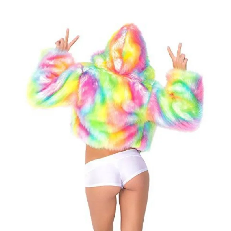 Women's Short Luminous Faux Fur Coat with LED Light, Slim Fit Hooded Jacket, Halloween Outwear, Christmas Fashion, Winter, New