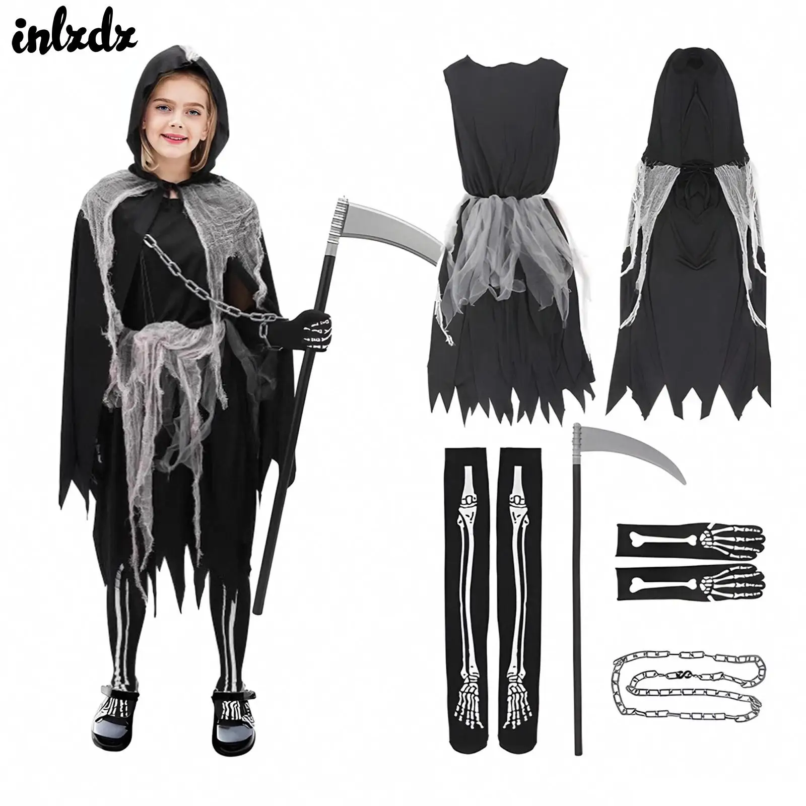 

Kids Girls Grim Reaper Scary Ghost Cosplay Costume Jagged Hem Halloween Dress Cloak Scythe Skull Printed Gloves Socks and Chain