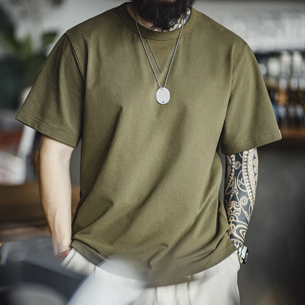Maden Vintage Short-sleeved T-shirt Two-pin Round Neck Solid Color Hem Slit Bottoming Sweatshirt for Men\'s Summer Top Tee