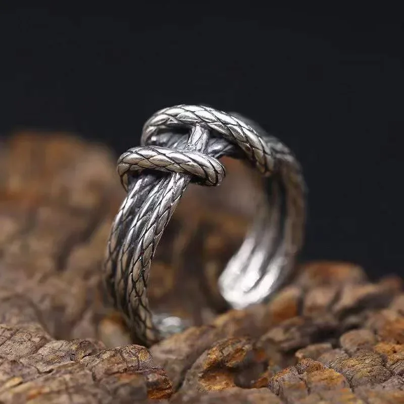 Trendy Retro Plain Silver Index Finger Open Ring Ins Vintage Thai Silver Couple Ring Python Patterned Geometric Ring