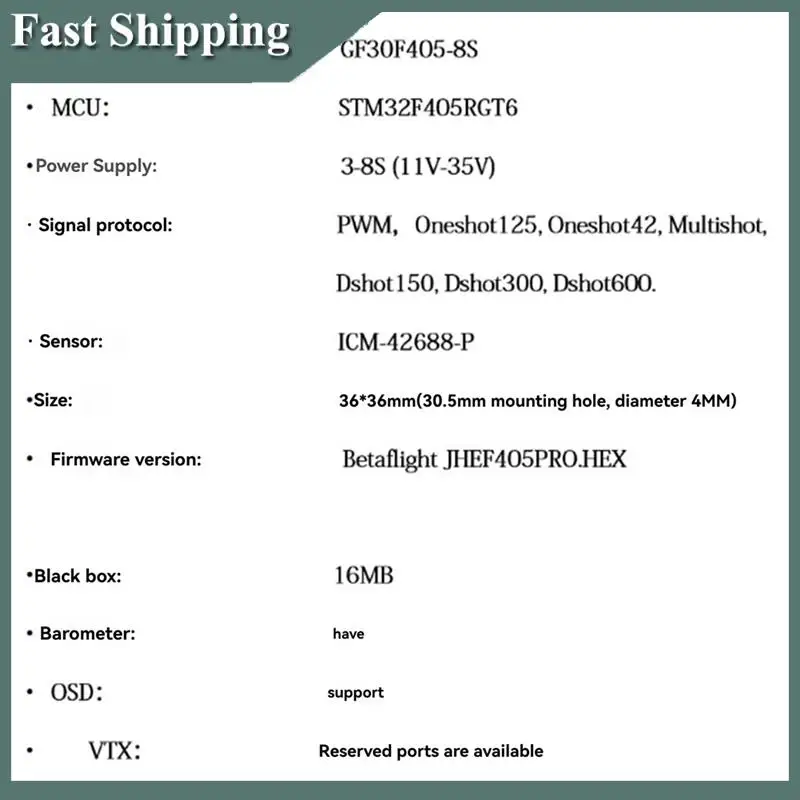 

-MEOF GF30F405 Контроллер полета с ICM42688P 3-8S Lipo Входной сигнал Dshot 30,5 мм x 4 мм для FPV-дрона дальнего действия
