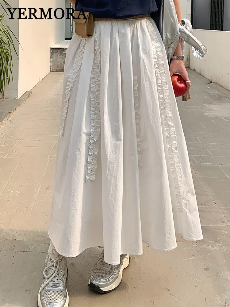 

YERMORA High Elastic Waist White Pleated Bias Binding Casual Half Body Skirt For Women Loose Fit Fashion Spring Summer 2025