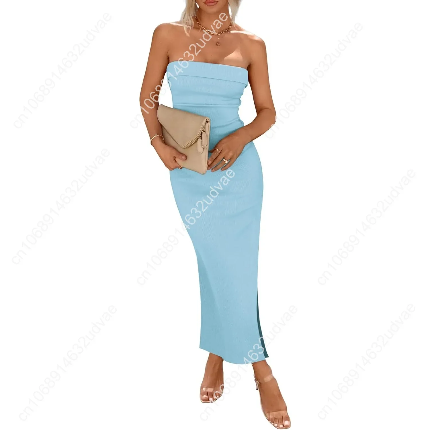 

Women's Summer Bodycon Maxi Tube Dress Ribbed Strapless Side Slit Long Going Out Casual Elegant Party Dresses