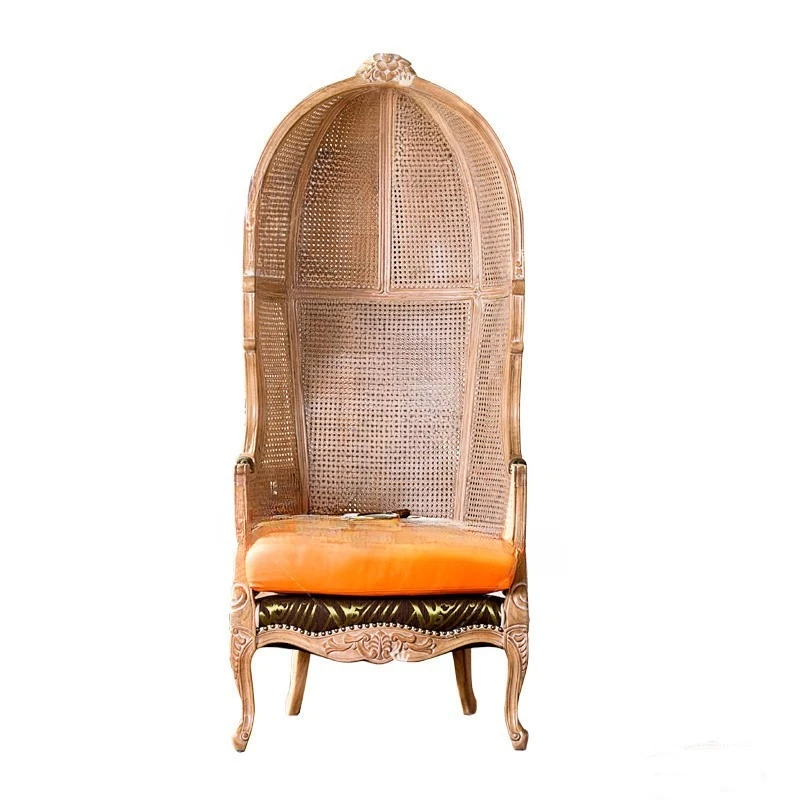 

American solid wood carving flower space retro old birdcage chair, French rattan high back egg-shaped chair, studio