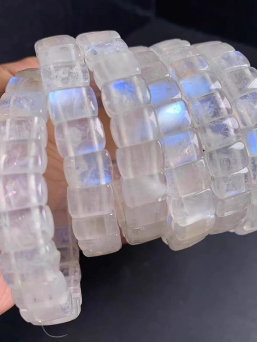 Natural Blue Light Moonstone Carved Clear Rectangle Beads Bracelet 12x8mm Women Men Jewelry Moonstone Beads AAAAA