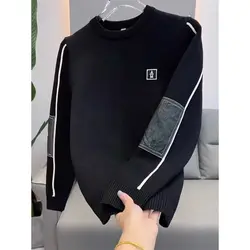 2024 Men's Autumn and Winter New Round Neck Pullover Long Sleeved Knitted Sweater Fashion All-match Splicing Stripes Sweaters