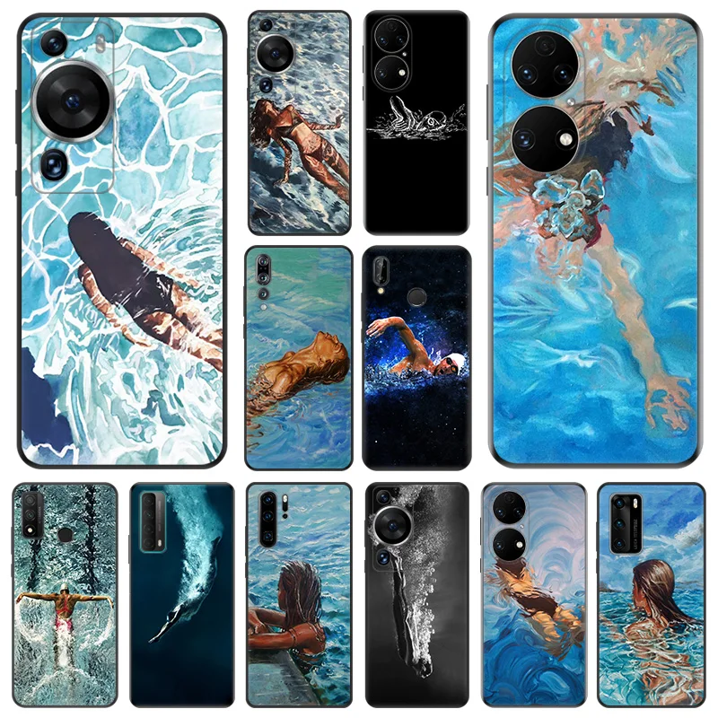 Matte Soft Phone Case for Honor X7b X8b X9b X6 X6a 90 70 Magic5 X8a X9a 8X Swimming Girl Huawei P40 P30 P20 P Smart Black Cover