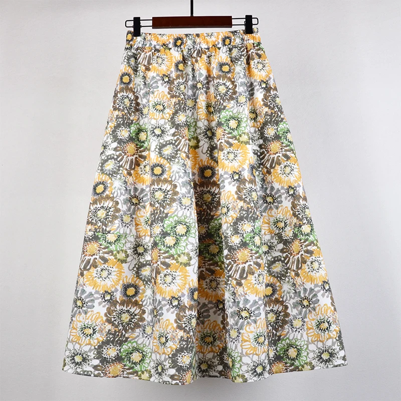 Women Floral Print Elastic Waist Midi Skirt with Pockets A-Line French Oil Painting Flower Flowy Skirt Causal Holiday Outfits