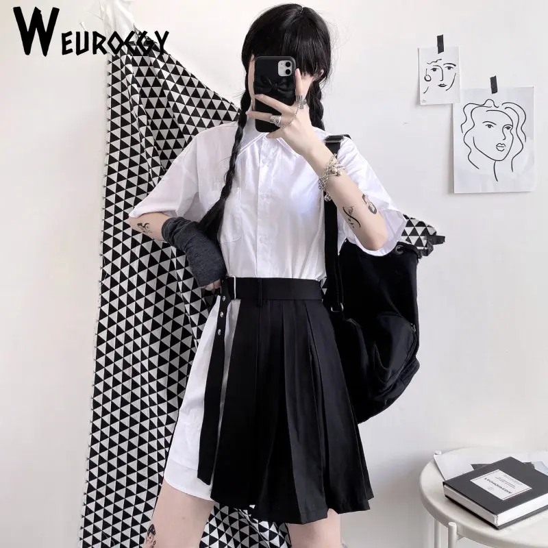 y2k Languid wind Casual Loose Trend Clothes Pure Cotton Women Spring Summer Double Collar Top Women\'s Skirt Pleated Personality