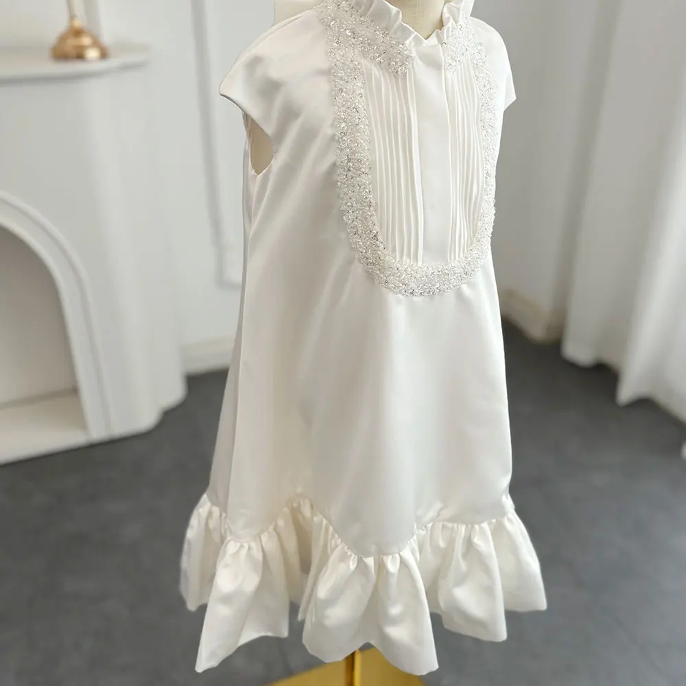 Jill Wish Luxury White Girl Dress Beading Arabic Princess Kids Evening Gown for Wedding Birthday First Communion Party 2025 J296