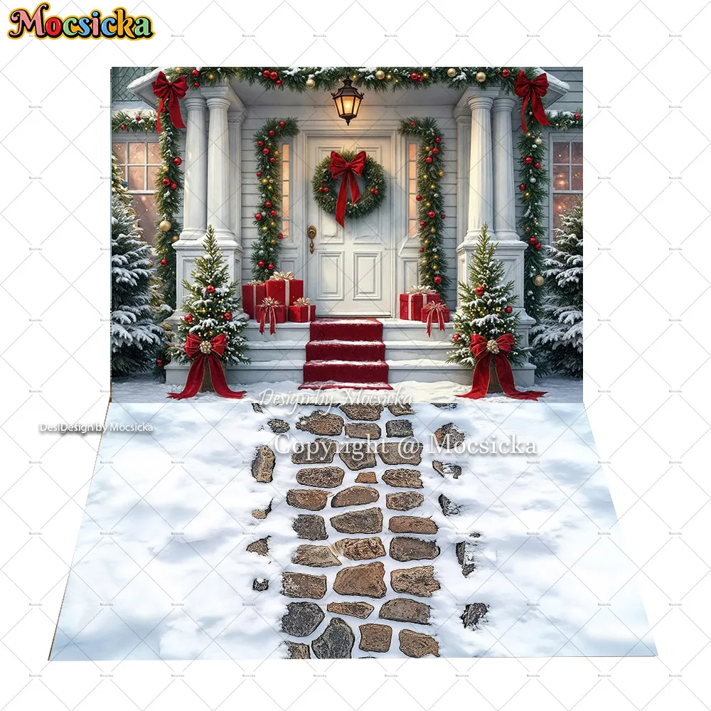 Mocsicka 메리 마법의 베란다 룸 배경 사진 눈 덮인 통로 크리스마스 트리 화환 가로등 배경 겨울 어린이 사진