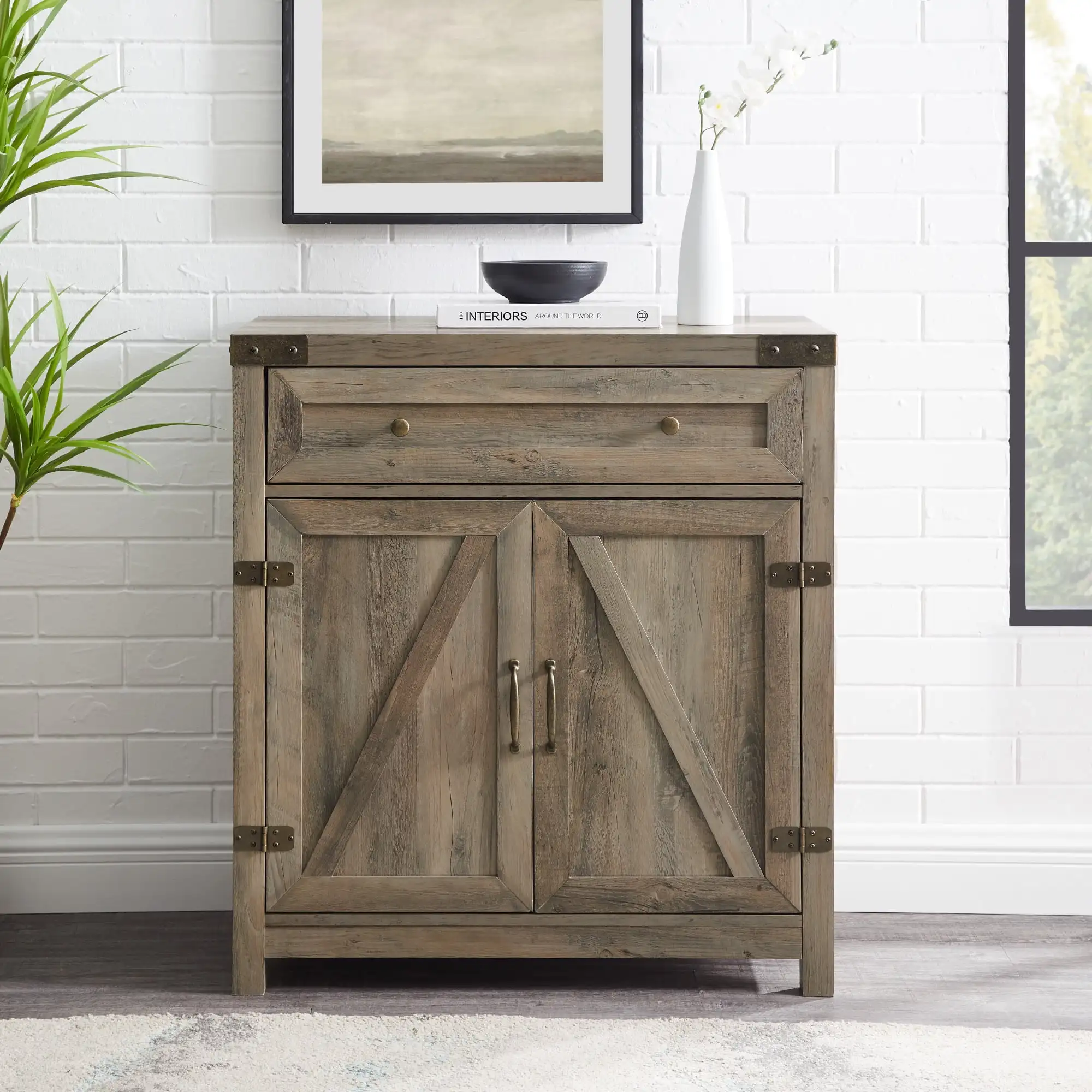 Edison Sliding Barn Door Accent Cabinet, Grey Wash Drawers to store things like car keys, notebooks, or phone bills