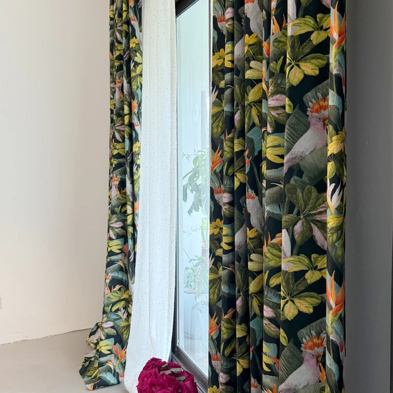 American Retro Bird Plant Dark Green Printing Curtains for Bedroom Living Room Balcony Shading French Window Customized Finished
