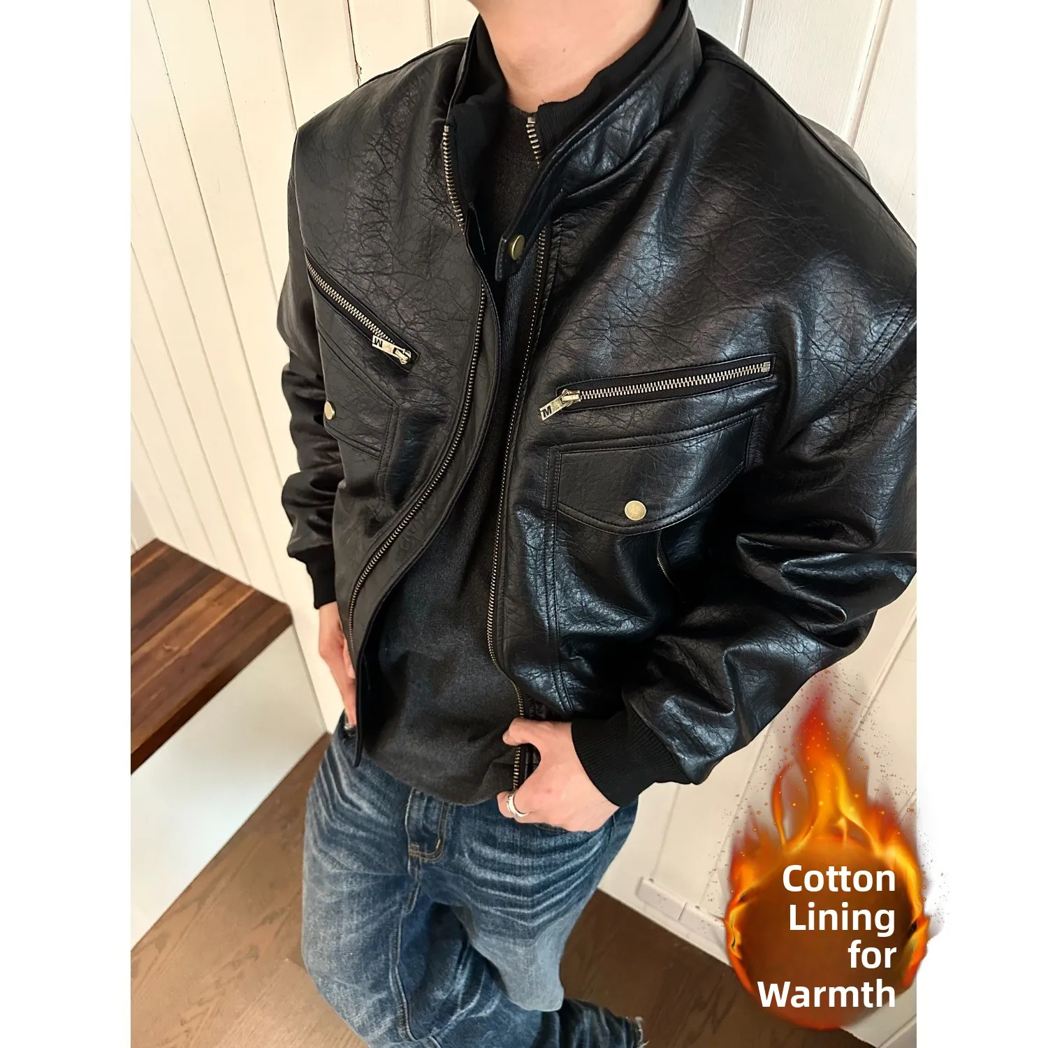 

Мужская модная мотоциклетная куртка с металлической молнией, утепленная хлопком, теплая, винтажная, из искусственной кожи, для осени и зимы