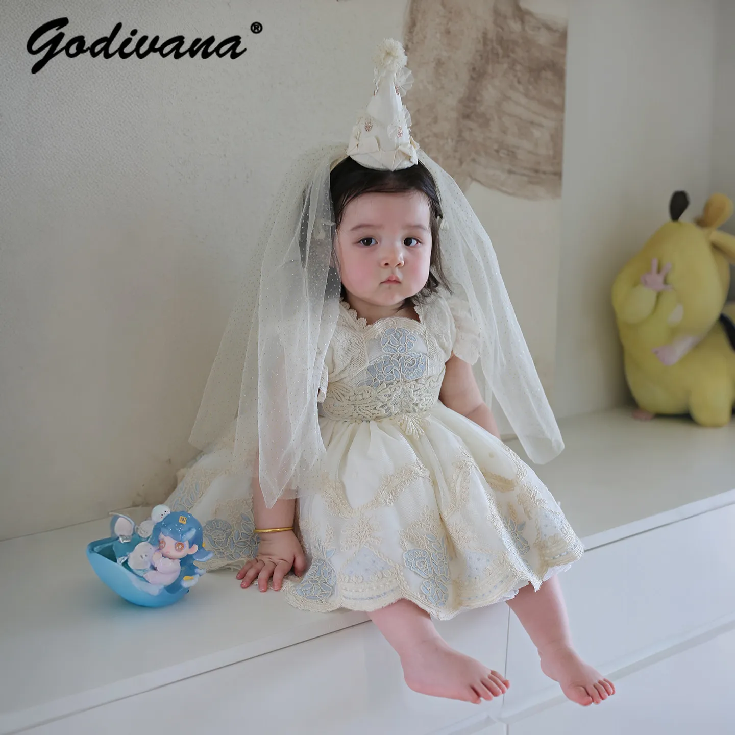 Sweet Baby Girls New Summer Birthday Party Princess Lolita Dress Kids High End Exquisite Embroidery Back Mesh Bow Tail Ball Gown