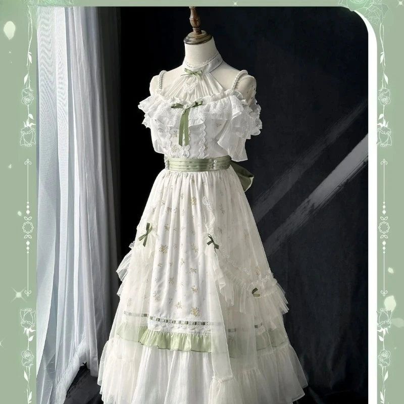 Japanese Elegant princess Party Dress Women sweet bow Ruffles Off Shoulder floral long Dresses Victorian Vintage Lolita OP Dress