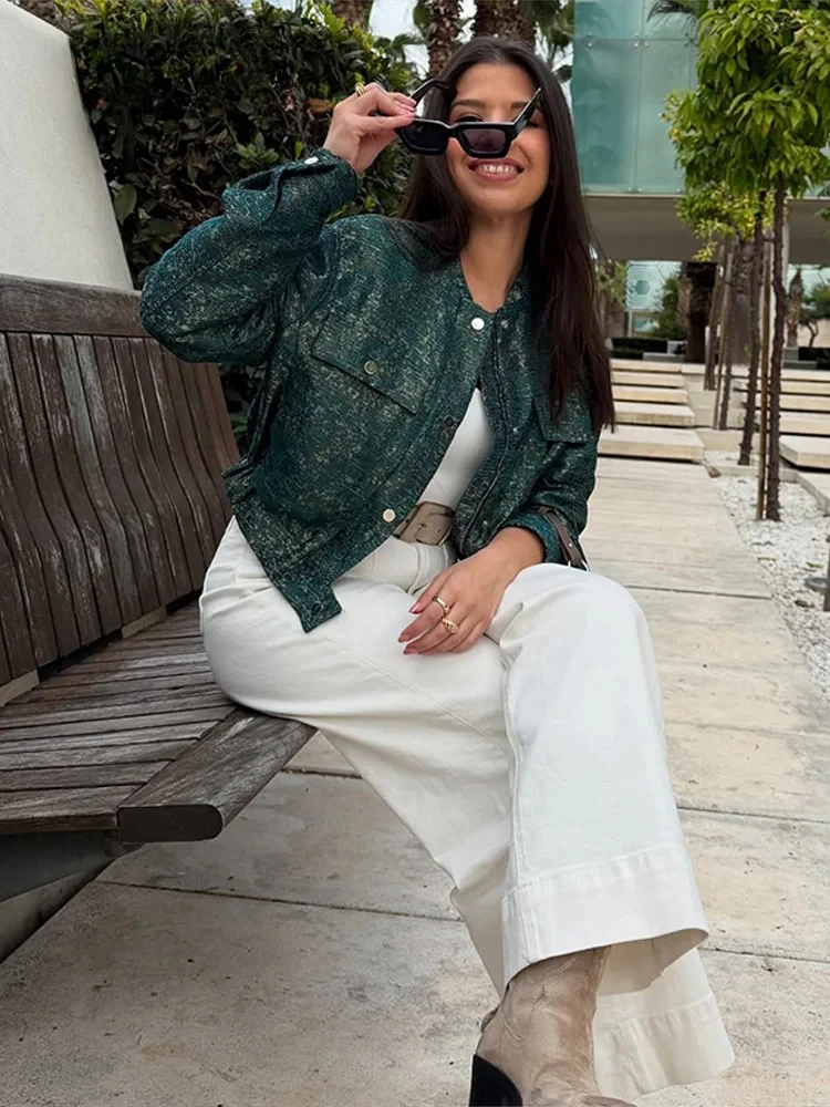 سترات نسائية قصيرة عصرية فضفاضة بياقة واقفة وصدر واحد وأكمام طويلة معاطف نسائية ربيعية ملابس خارجية للشارع #4