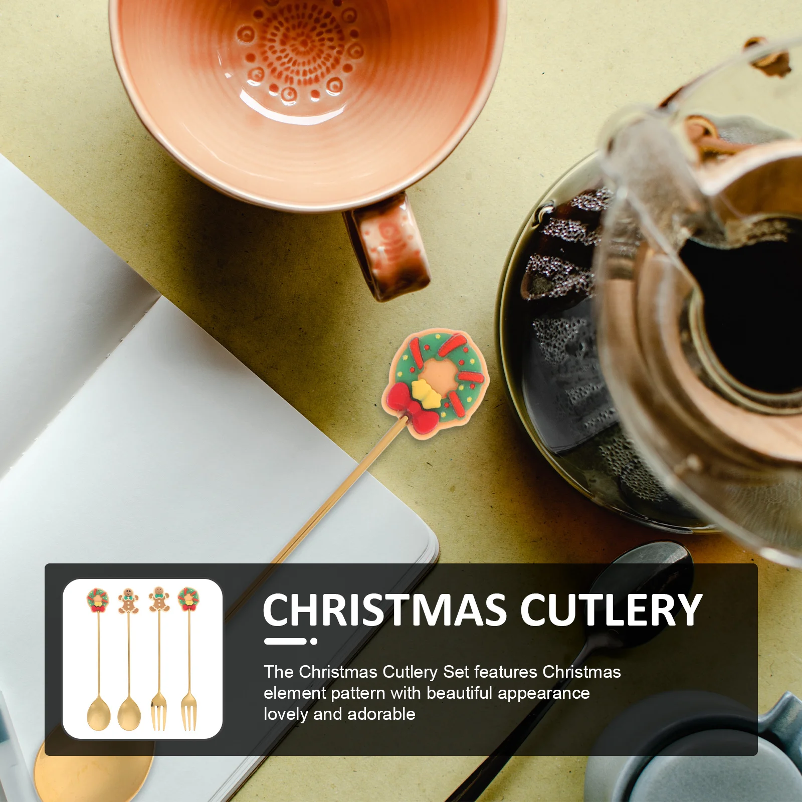 

1 Set Christmas Element Dessert Spoon Fork Set Smooth Edges Ergonomic Handle Party Tableware Kit Xmas Themed Tableware Metal
