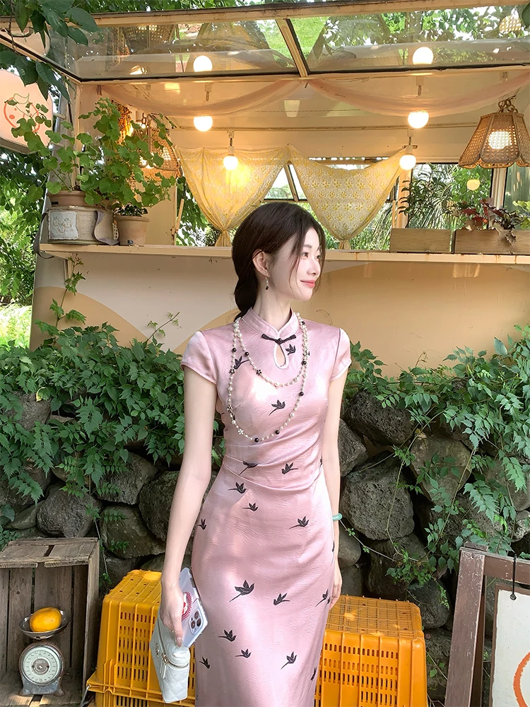 Ele nouveau chinois Sle Qipao Dr minceur été jupe longue tempérament doux fente basse usage quotidien fibre de Polyester