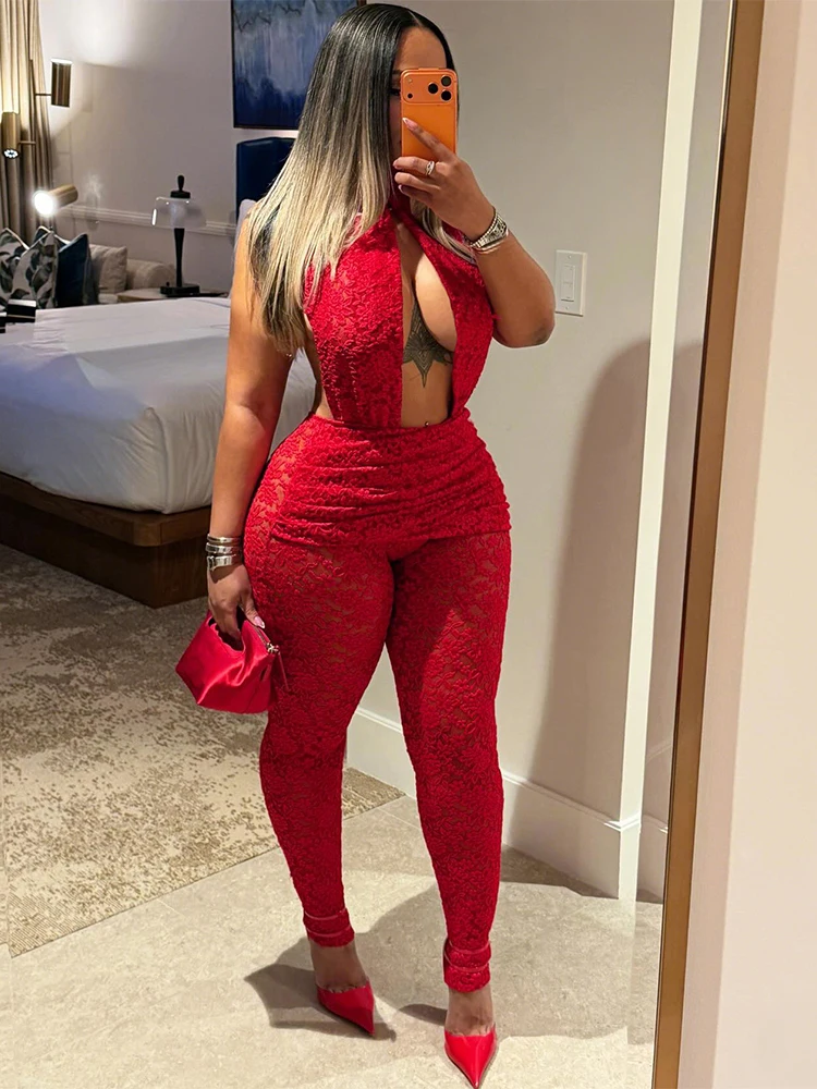 

Sisterlinda Jacquard Jumpsuit Women Sexy Backless Hollow Halter Trend Sleeveless Stretch Midnight Clubwear Patchwork Overalls