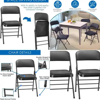 2 Pack Vinyl Padded Folding Chairs with Cushioned Backrest and Metal Frame - Portable, Lightweight, Black