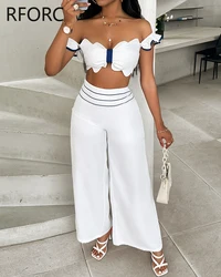 2024 Women Elegant Off Shoulder Crop Top & Straight Pants Two Pieces Sexy Working Pants Set