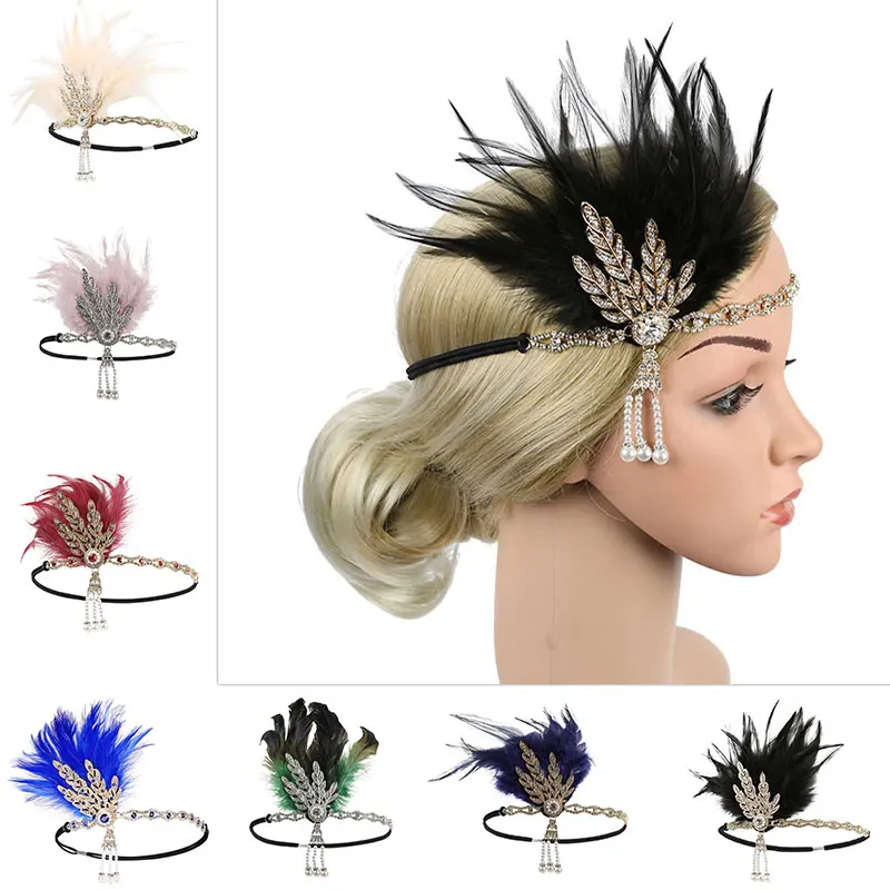 Diadema de plumas para mujer, diadema de Flapper, tocado Vintage, fiesta de disfraces, diadema de plumas de diamantes de imitación, accesorios para el cabello