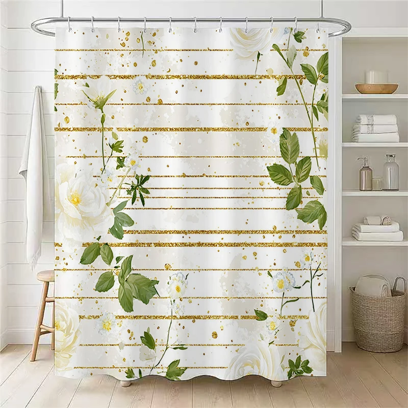 Exquisite plant flower shower curtain in the bathroom, anti awkward bathtub curtain, 12 detachable hooks for easy clea