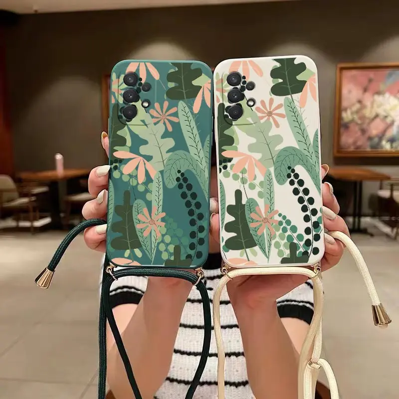 Ornamental Plant Crossbody Lanyard Silicone Phone Case For Samsung Galaxy A53 A52 A50 A54 A52S A24 A21 A22 A72 A31 A32 A34 Cover