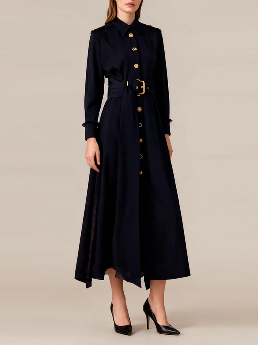 فستان VGH أنيق بحزام مقسم للنساء طية صدر السترة وأكمام طويلة مرقعة بإبزيم معدني على شكل حرف A لحفلات العشاء فساتين متوسطة الطول للسيدات جديد #3