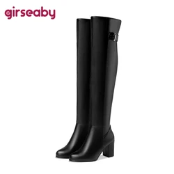 Girseaby Sexy Ladies Mid Block Heel Over Knee Boots PU Leather Big Size 52 Party Warm Winter Plush Black F1292