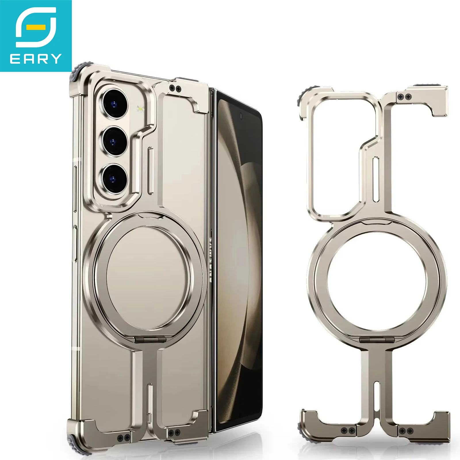 

Eary for Samsung Galaxy Z Fold 6 5 Case Metal with Stand 360°Rotating Magnetic Kickstand Frameless Shell Protective Bumper Cover
