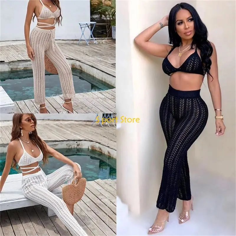 

U2JB женские длинные брюки с вырезами, кружевной вязанный крючком бюстгальтер с лямкой на бретельках, топ, сексуальные наряды из