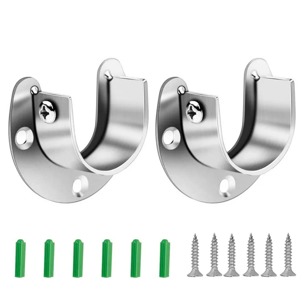 2pcs Wardrobe Bracket Heavy Duty Stainless Steel  U Shaped Rod Socket Flange Rod Holder Closet Rod End Support Sockets Brackets