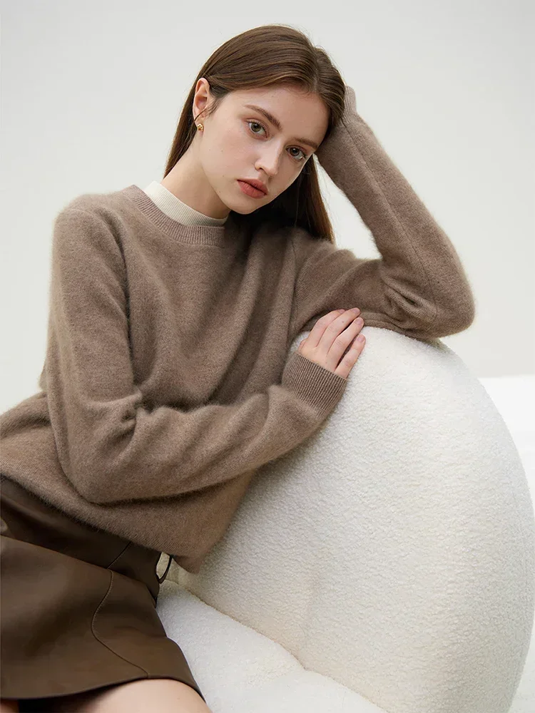 FSLE 9.5% Wool Women Warm Velvety Pullover Knitted Sweater Tea Brown Temperament Round Neck Winter Women Short Sweaters