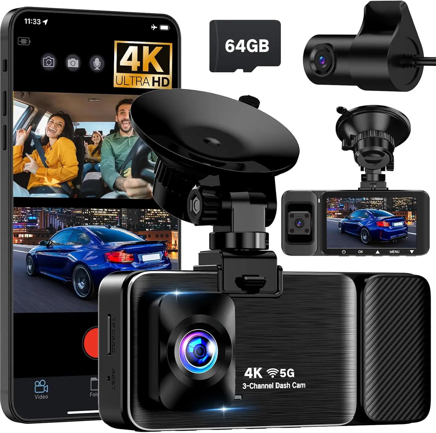 4K Car Camera 3-Ch,…