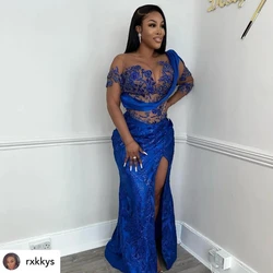 Royal Blue Aso Ebi African Evening Dresses Mermaid One-shoulder Lace Slit Long Dubai Saudi Arabic Black Girls Evening Gown Prom