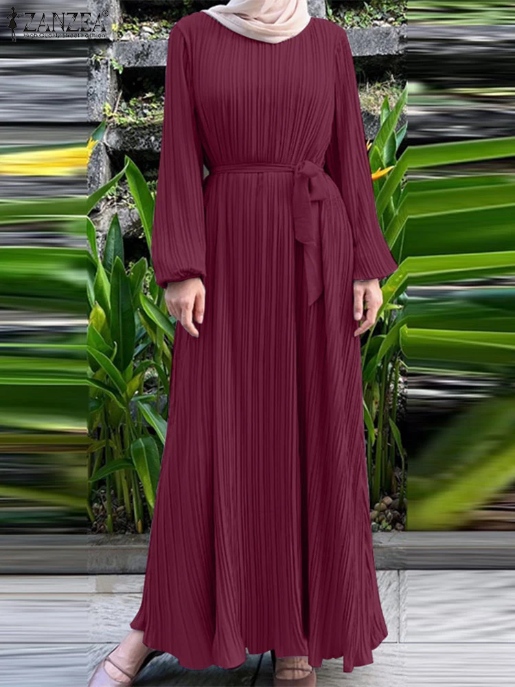 

Autumn Solid Pleated Sundress ZANZEA Fashion Muslim Abaya Hijab Dresses Women Long Sleeve IsIamic Robe Ramadan Vestidos Kaftan