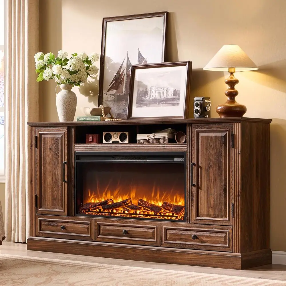 

Тумба под телевизор 80 дюймов с электрическим камином 36 дюймов, полкой для медиаустройств и шкафами для хранения для гостиной, коричневая